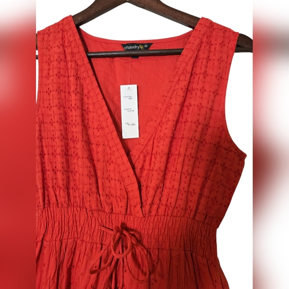 Chaudry Red V-Neck Midi Dress with Tie Waist Sz M - Picture 2 of 5
